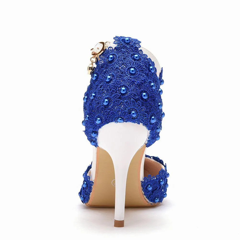 White lace closed toe ankle strap wedding heels