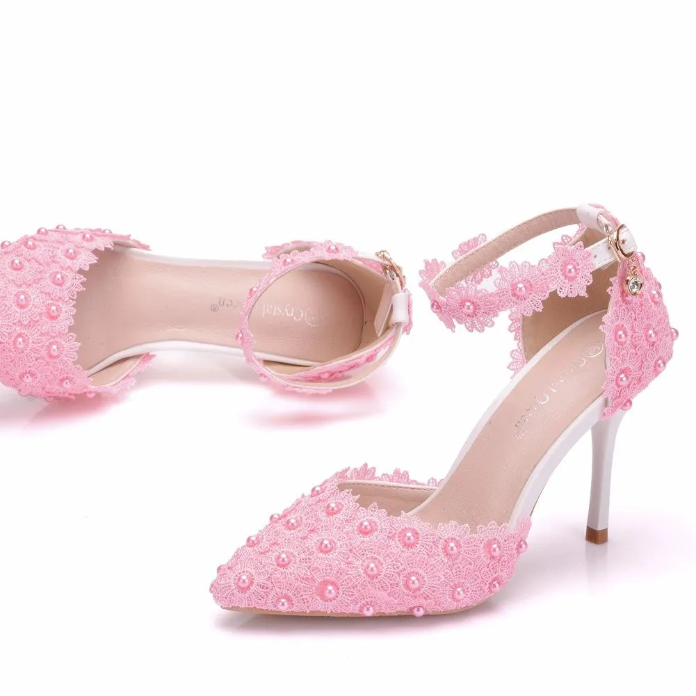 White lace closed toe ankle strap wedding heels