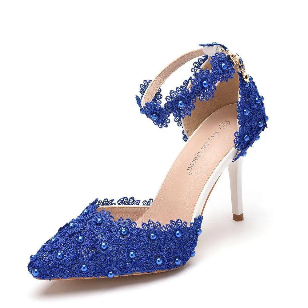 White lace closed toe ankle strap wedding heels
