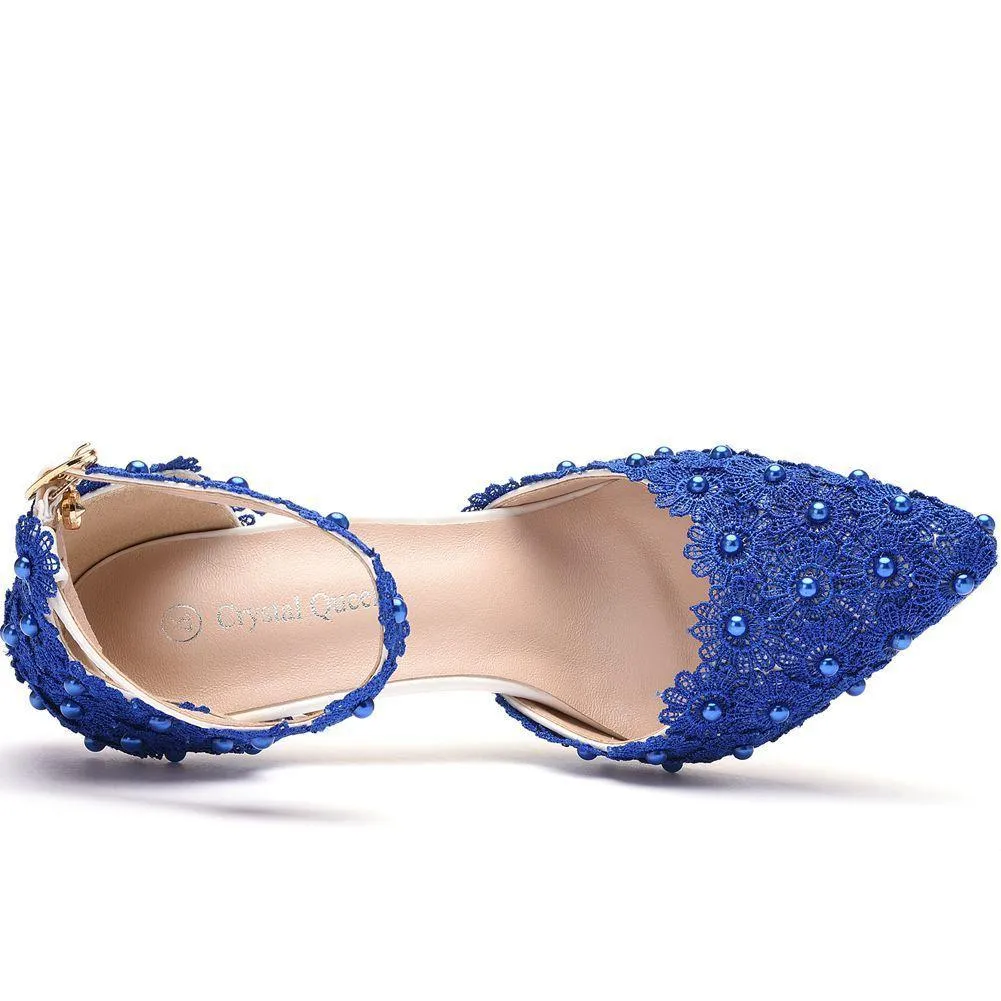 White lace closed toe ankle strap wedding heels