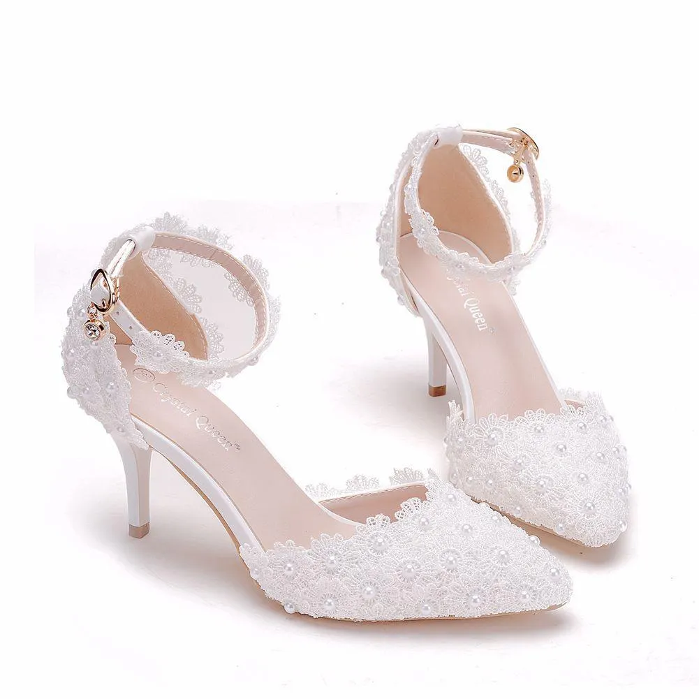 White lace closed toe ankle strap wedding heels