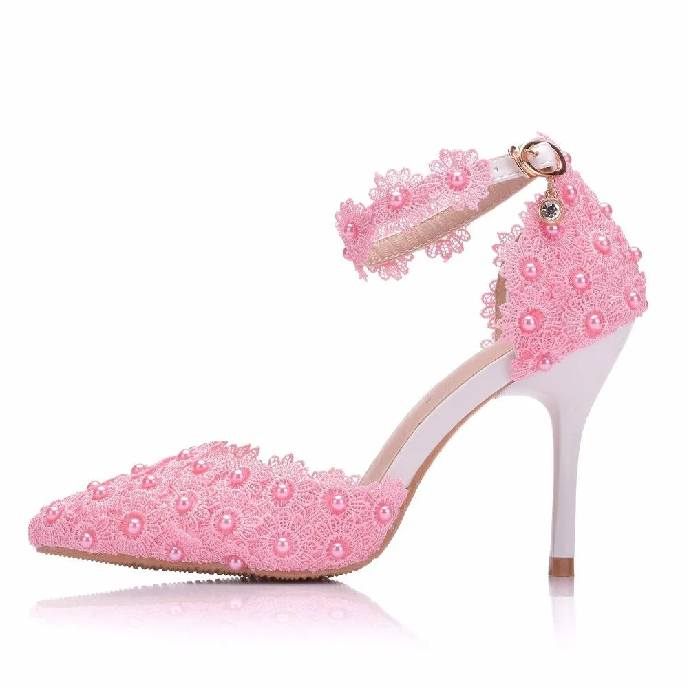 White lace closed toe ankle strap wedding heels