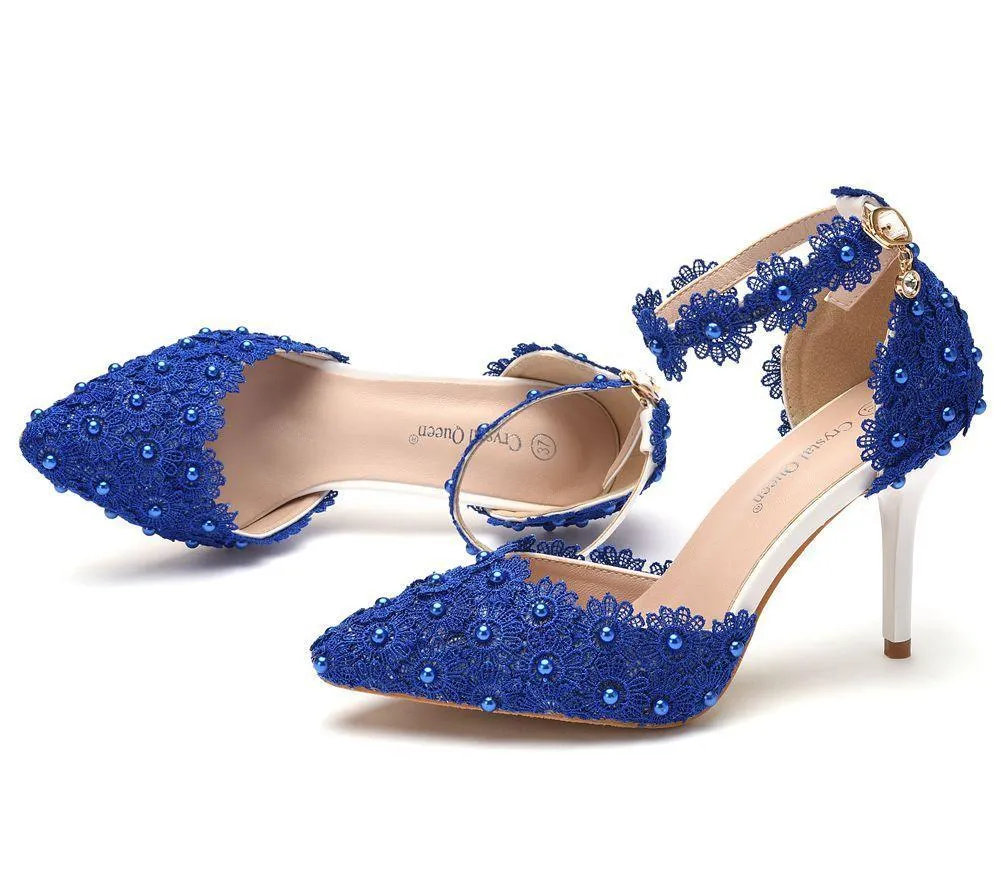 White lace closed toe ankle strap wedding heels