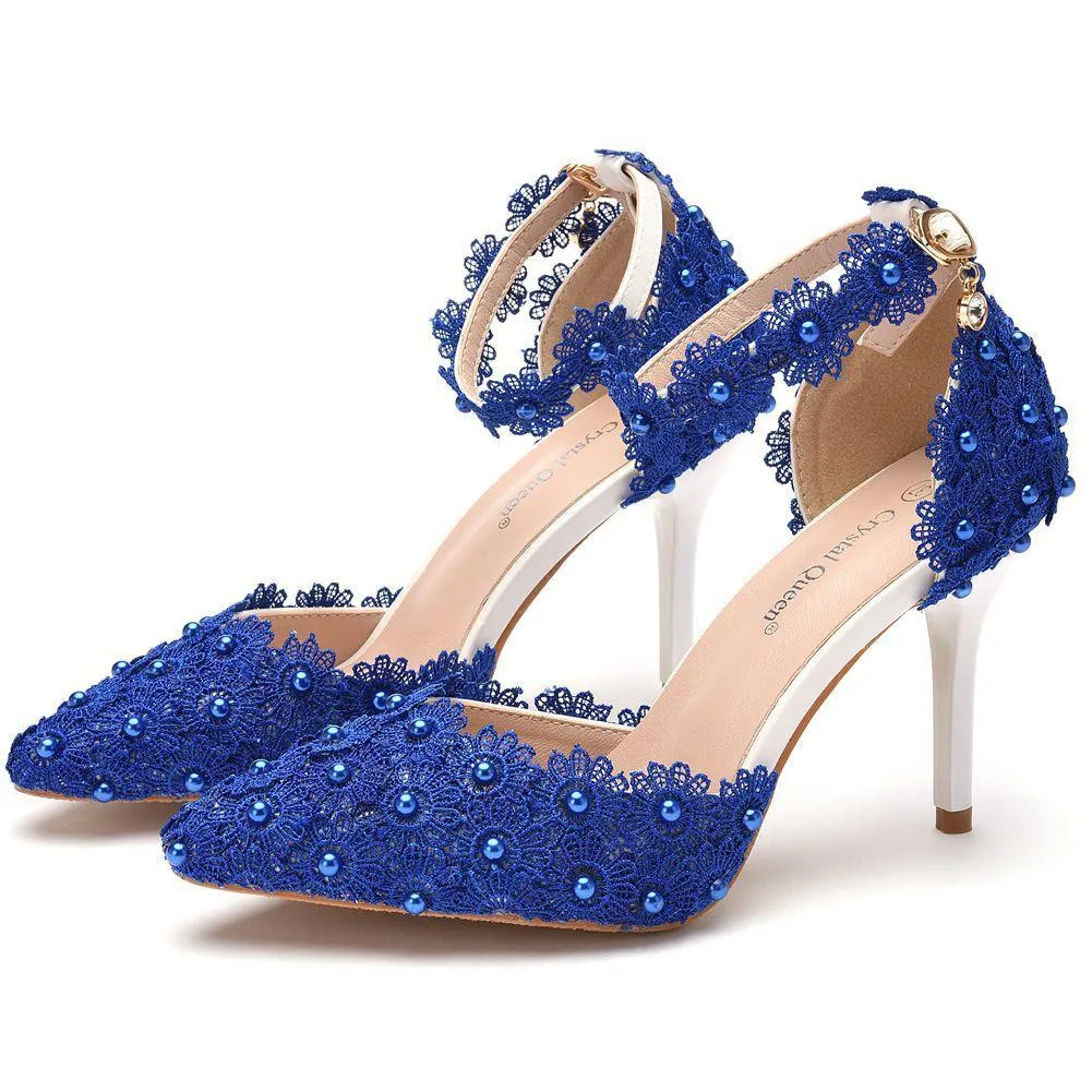 White lace closed toe ankle strap wedding heels