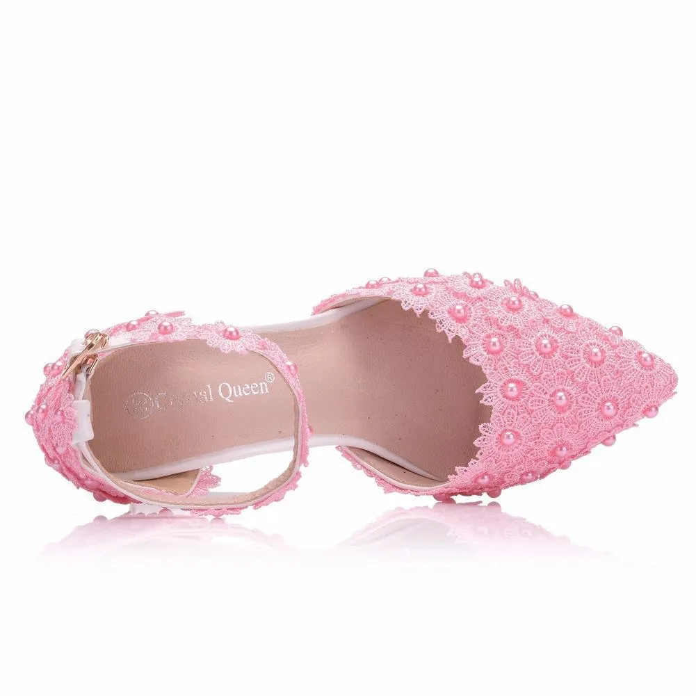 White lace closed toe ankle strap wedding heels
