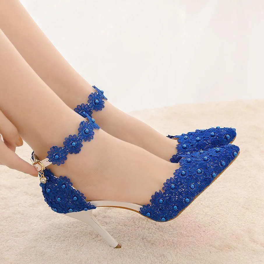 White lace closed toe ankle strap wedding heels