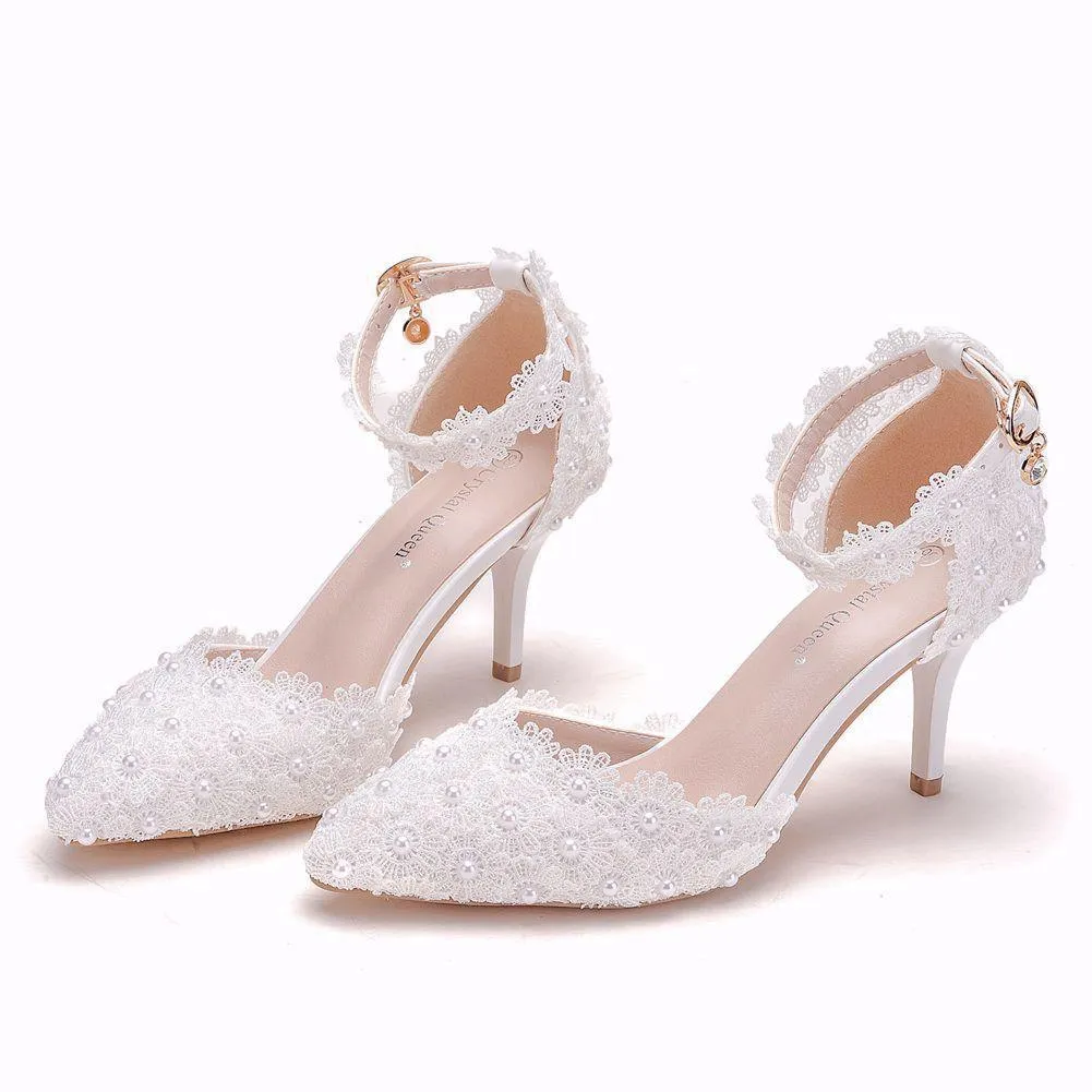 White lace closed toe ankle strap wedding heels