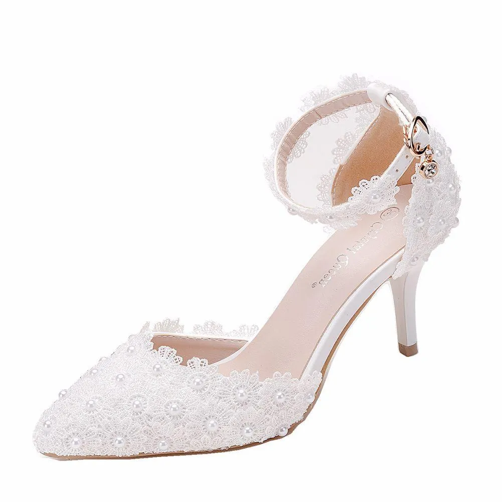 White lace closed toe ankle strap wedding heels