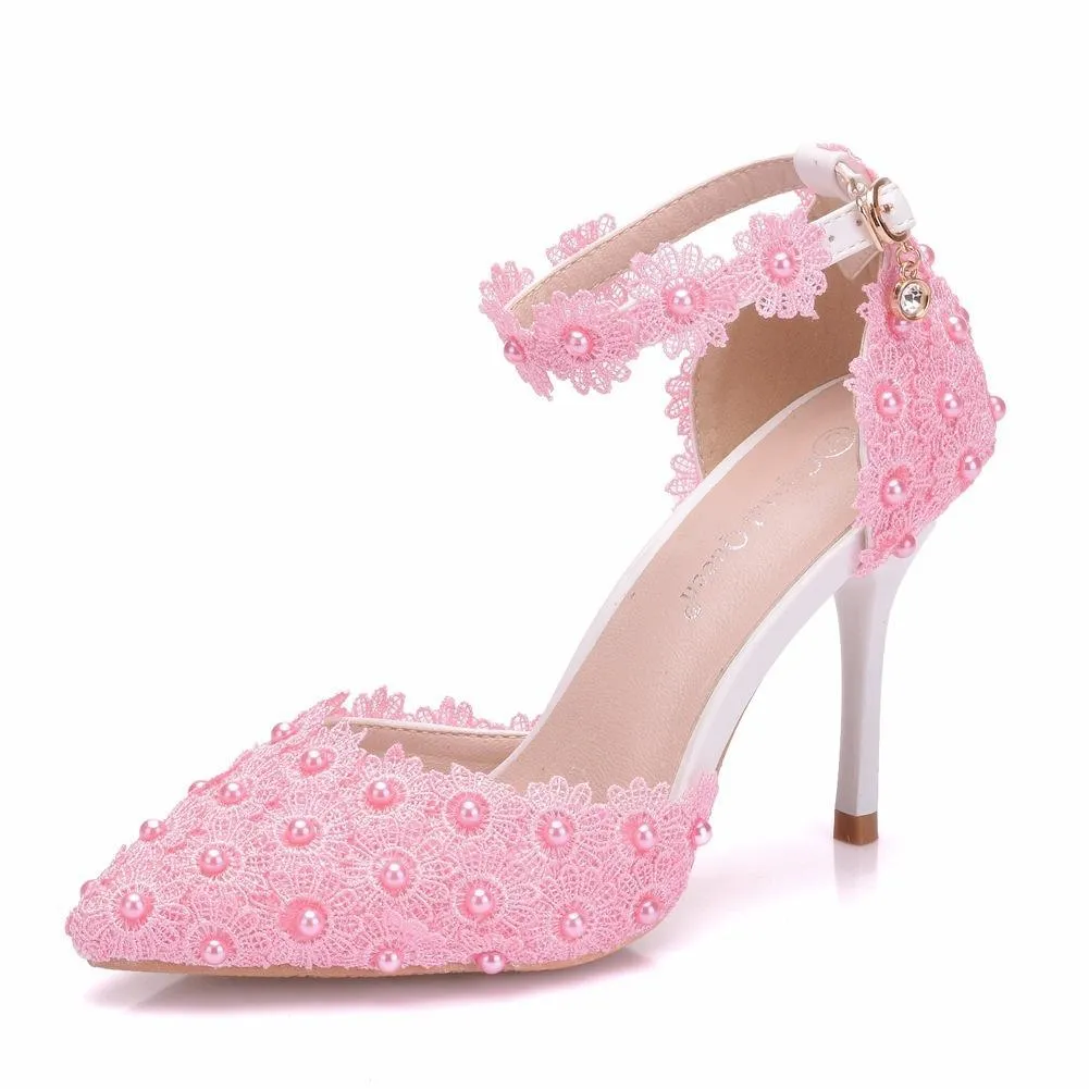White lace closed toe ankle strap wedding heels