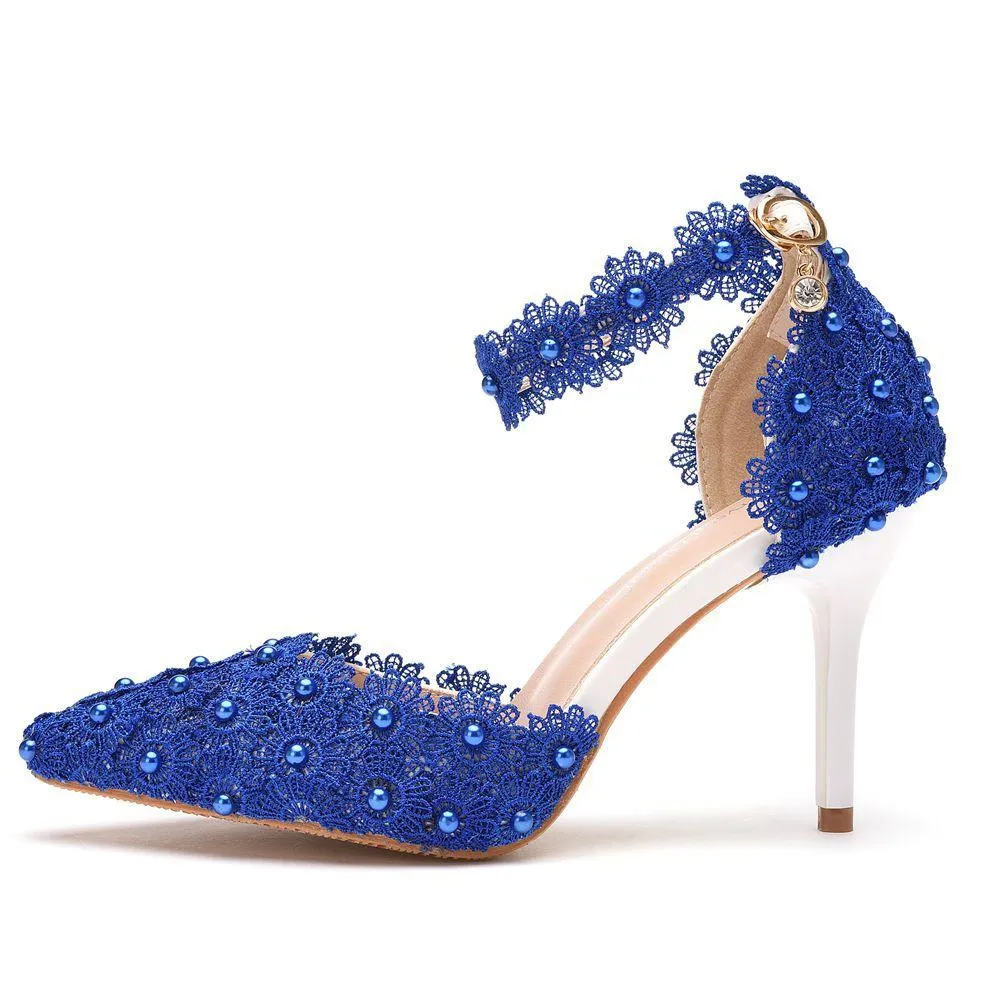 White lace closed toe ankle strap wedding heels