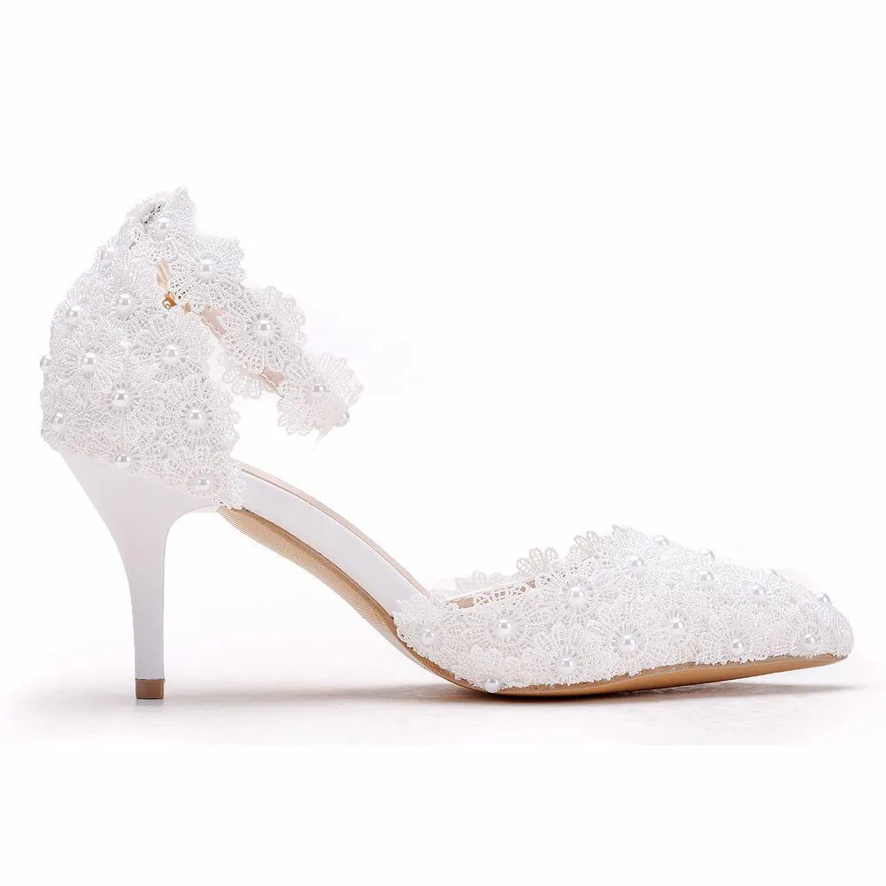 White lace closed toe ankle strap wedding heels