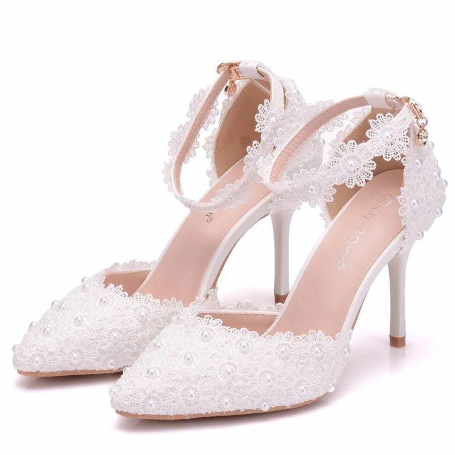 White lace closed toe ankle strap wedding heels