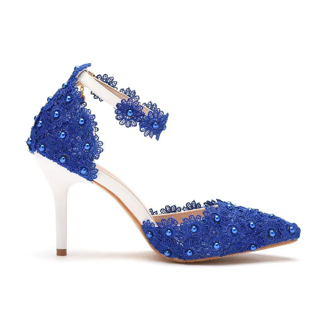 White lace closed toe ankle strap wedding heels