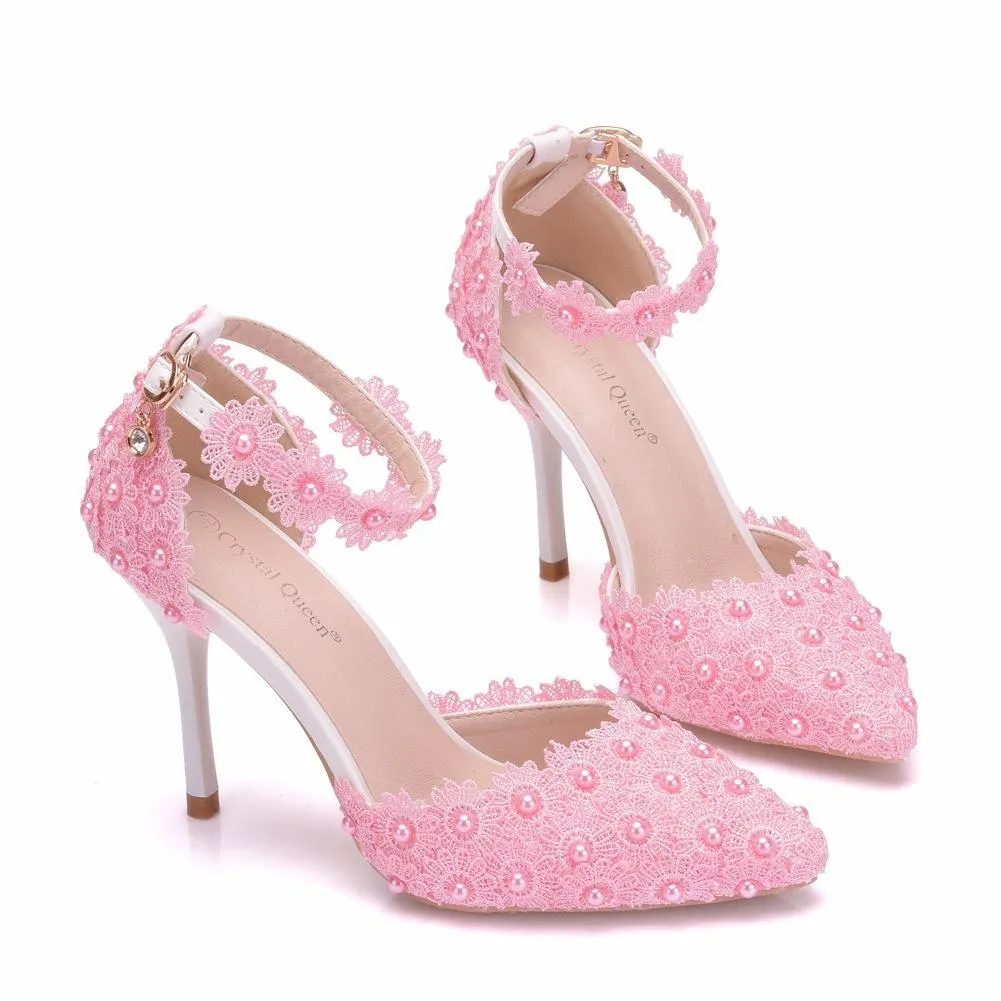 White lace closed toe ankle strap wedding heels