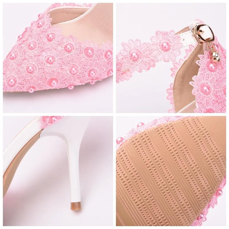 White lace closed toe ankle strap wedding heels