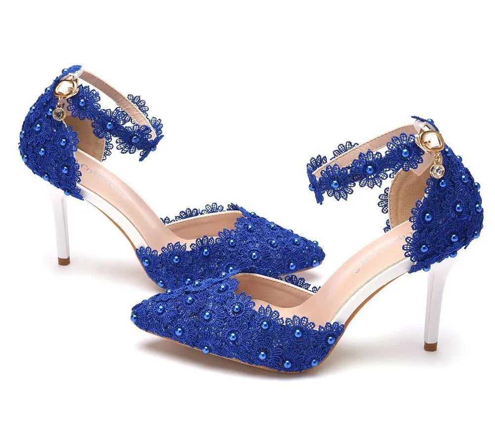 White lace closed toe ankle strap wedding heels