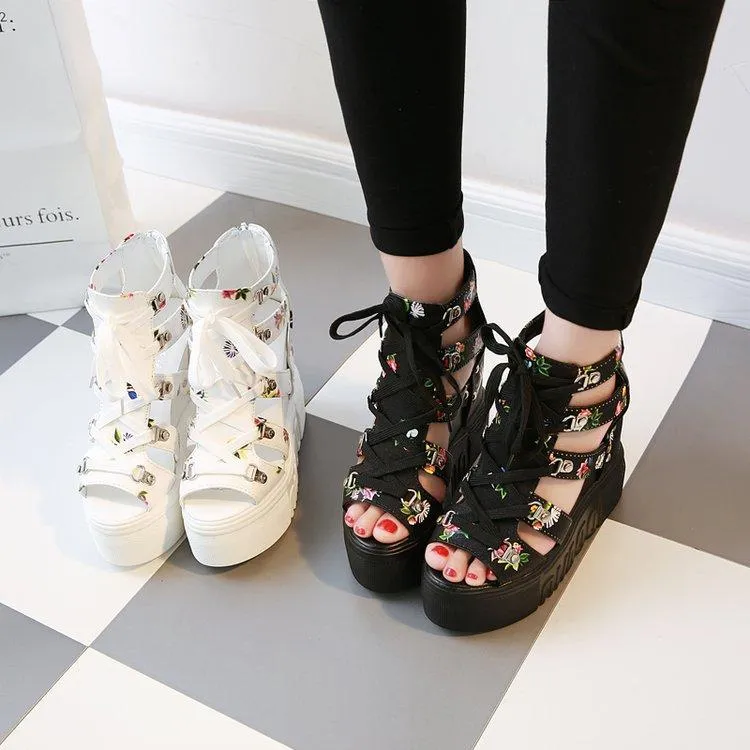 Women flower high heel peep toe lace up platform sandals