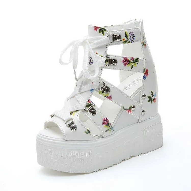 Women flower high heel peep toe lace up platform sandals
