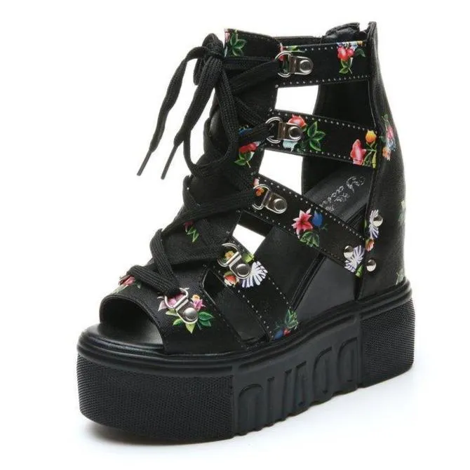 Women flower high heel peep toe lace up platform sandals