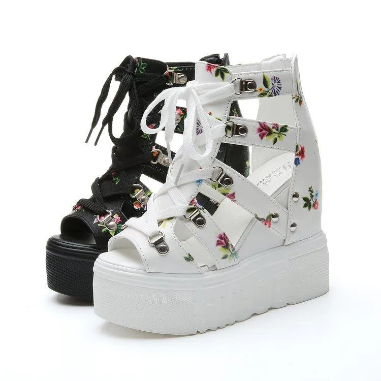 Women flower high heel peep toe lace up platform sandals