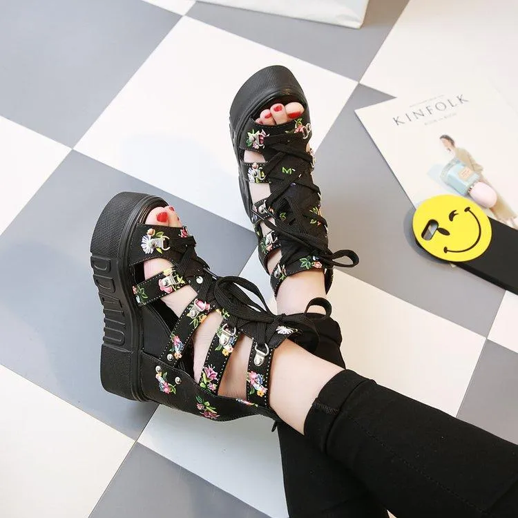 Women flower high heel peep toe lace up platform sandals