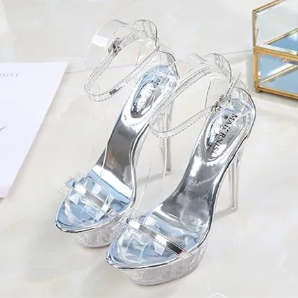 Women peep toe platform sequin 5.5 inch ankle strap clear heels