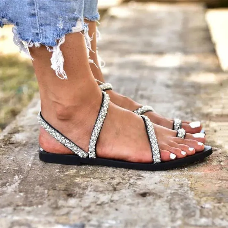 Women rhinestone summer boho ring toe flat sandals for beach wedding