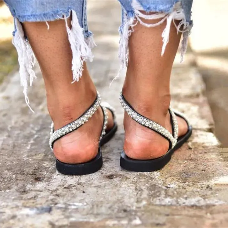 Women rhinestone summer boho ring toe flat sandals for beach wedding
