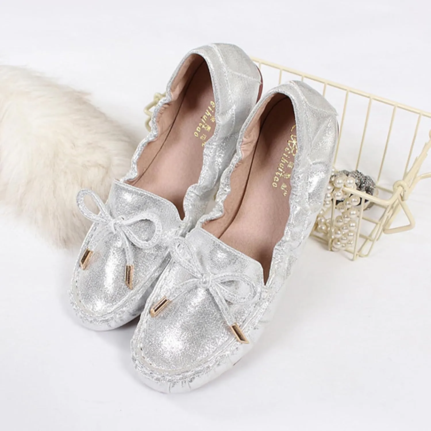 Women's Faux Leather Bowknot Round Toe Ballet Flats Shoes Comfort Light Dress Slip-On Flat Shoes Foldable Portable Travel Breathable Mother Nurse Work Shoes