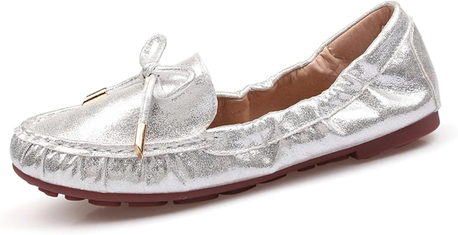 Women's Faux Leather Bowknot Round Toe Ballet Flats Shoes Comfort Light Dress Slip-On Flat Shoes Foldable Portable Travel Breathable Mother Nurse Work Shoes