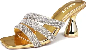 Women's Rhinestone Square Heeled Sandals Slip On Peep Toe Chunky Block Kitten High Heels Mules Slippers Slides Fashion Wedding Dress Backless Pump Shoes