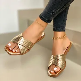 Women's sequin criss cross peep toe slide sandals
